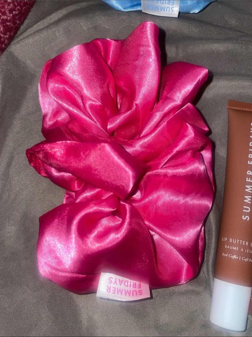 Summer Fridays Lip Butter Balm with Hot Pink and Sky Blue Satin Scrunchies
